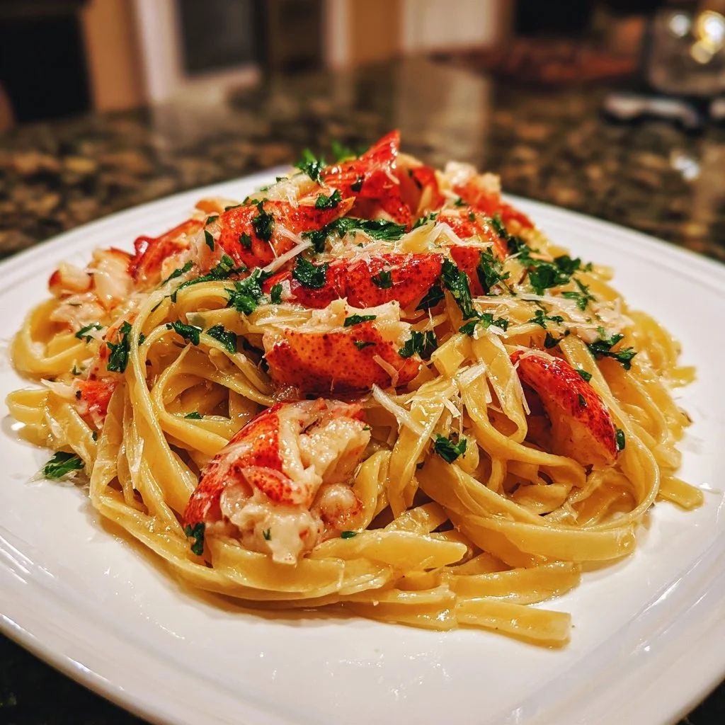Buttered lobster pasta served in a bowl with herbs and spices