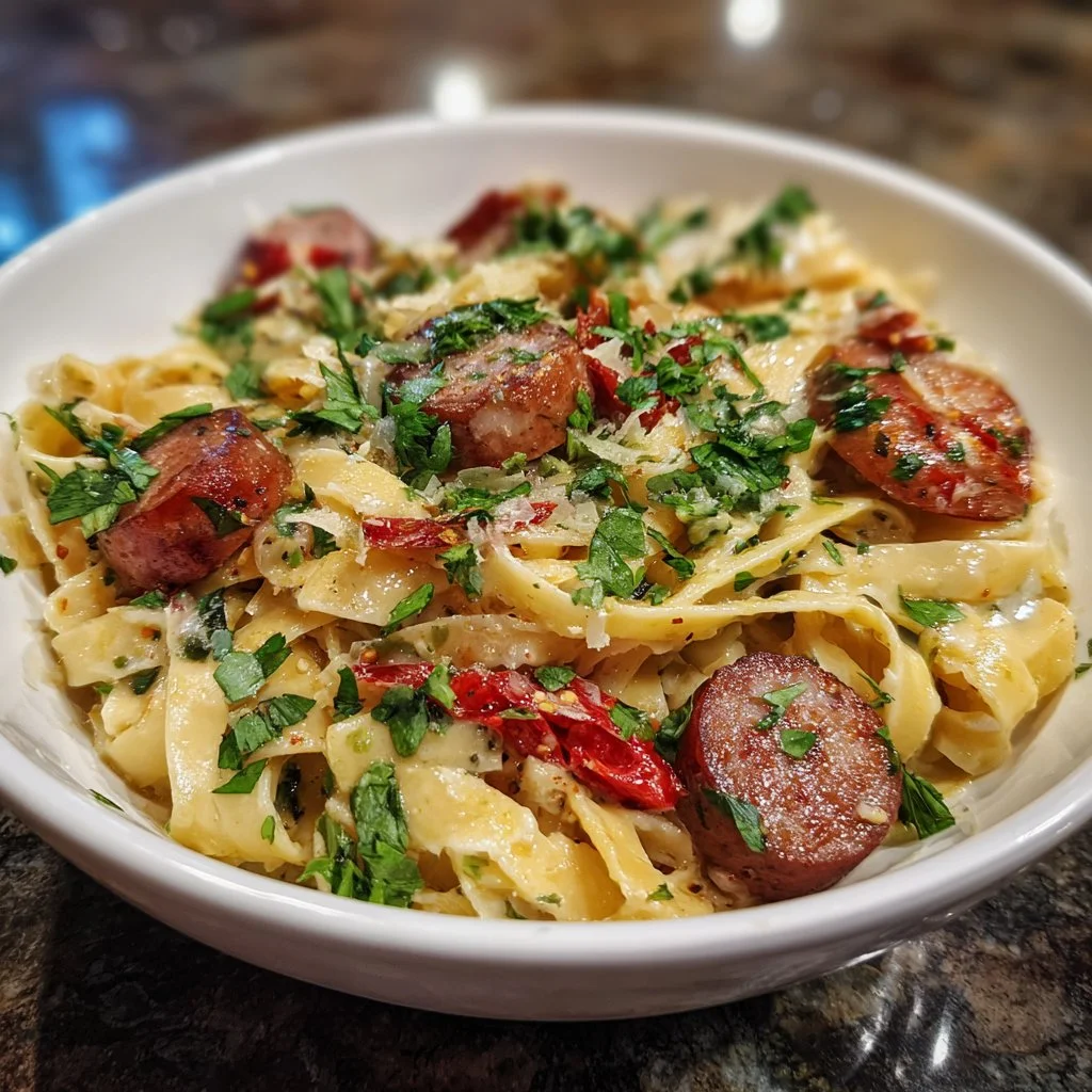 Plate of Cajun Sausage Pasta with vibrant spices and creamy sauce.