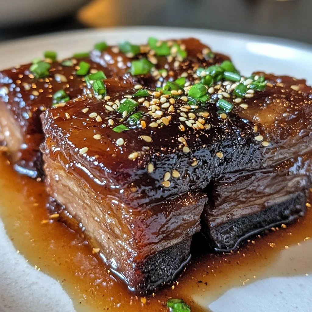 Caramelized slow roast Asian beef short rib served with vegetables and sauce