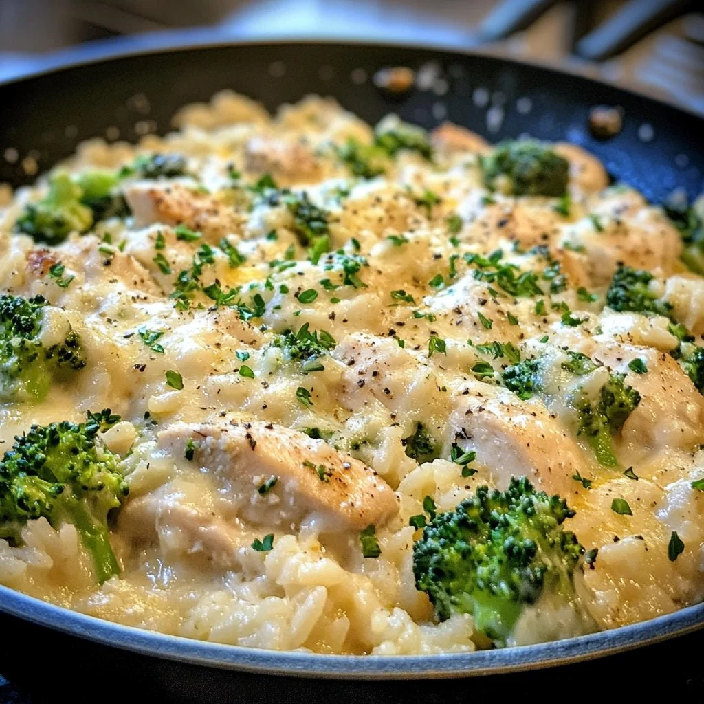 Delicious cheesy chicken skillet with broccoli and rice in a cast iron skillet