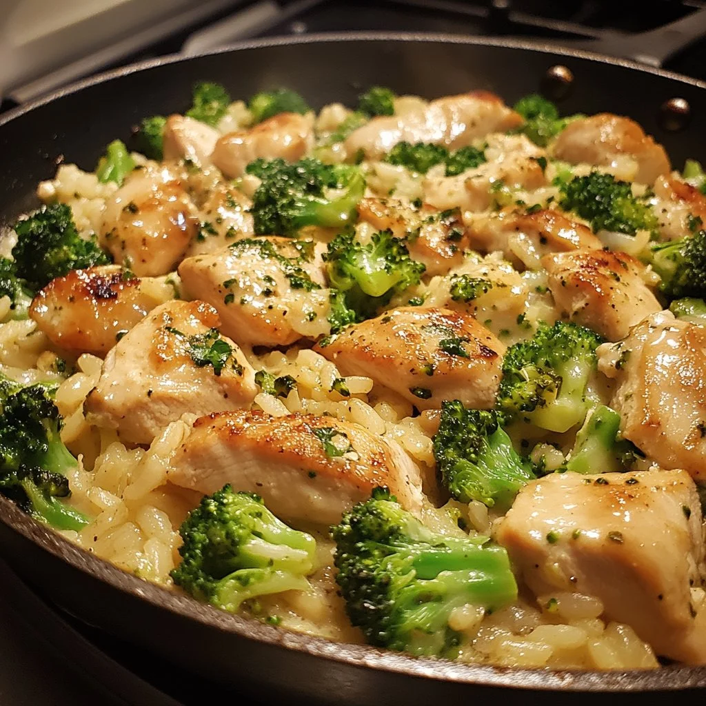 Cheesy Chicken Skillet with Broccoli and Rice served in a frying pan