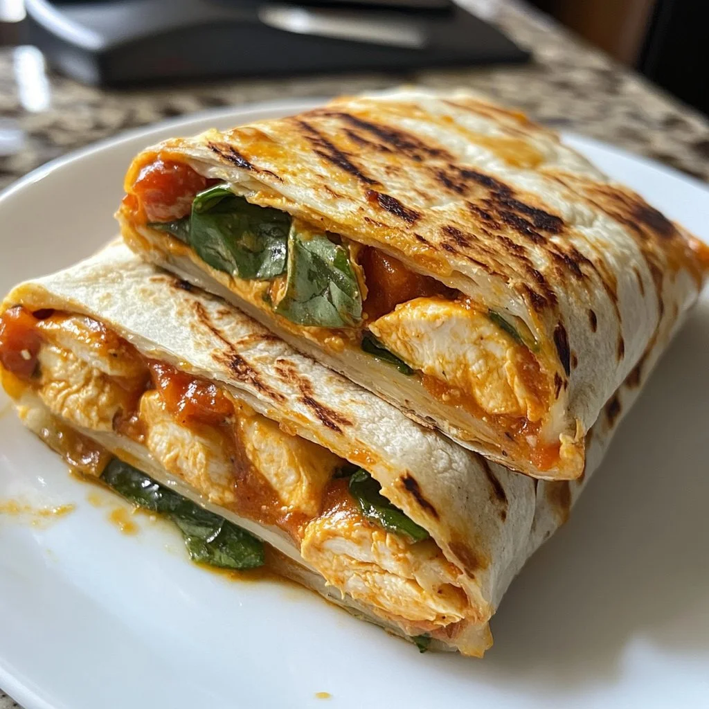 Cheesy garlic chicken wraps served on a plate with fresh ingredients