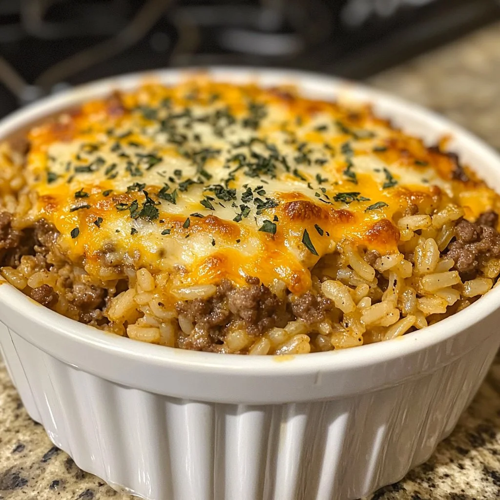 Cheesy ground beef and rice casserole in a baking dish