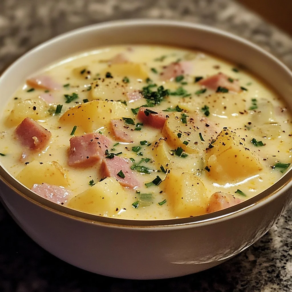 Bowl of Cheesy Ham and Potato Soup topped with herbs