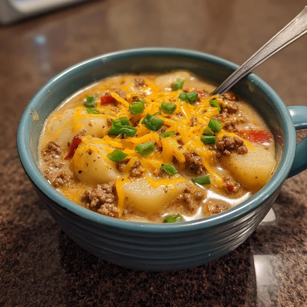 Cheesy hamburger potato soup in a bowl garnished with fresh herbs