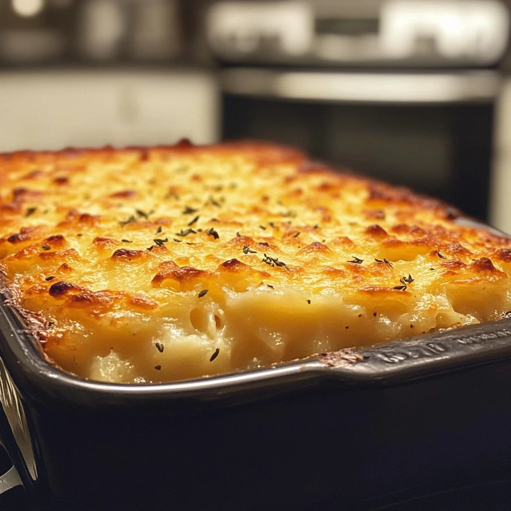 Cheesy hashbrown casserole with melted cheese and crispy edges
