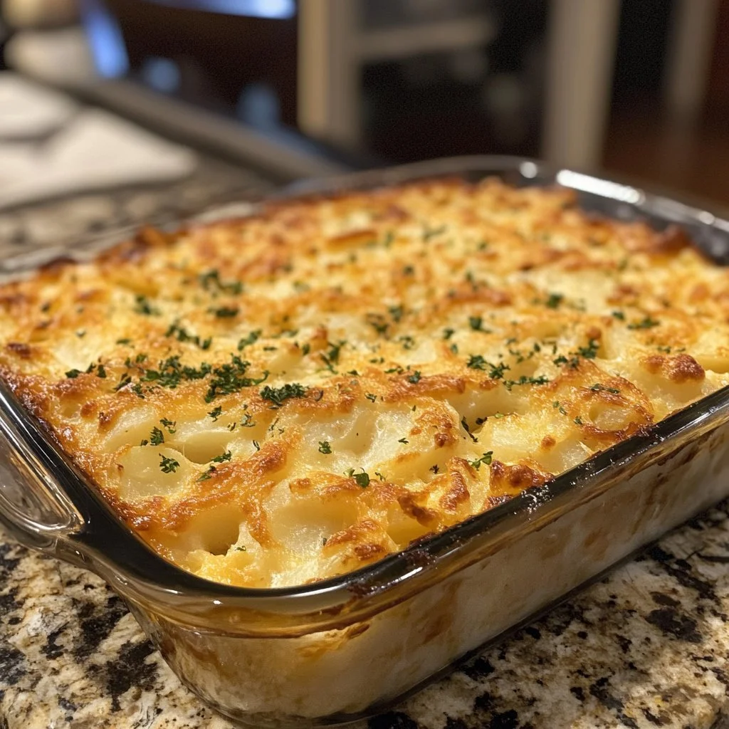 Cheesy hashbrown potato casserole served in a baking dish