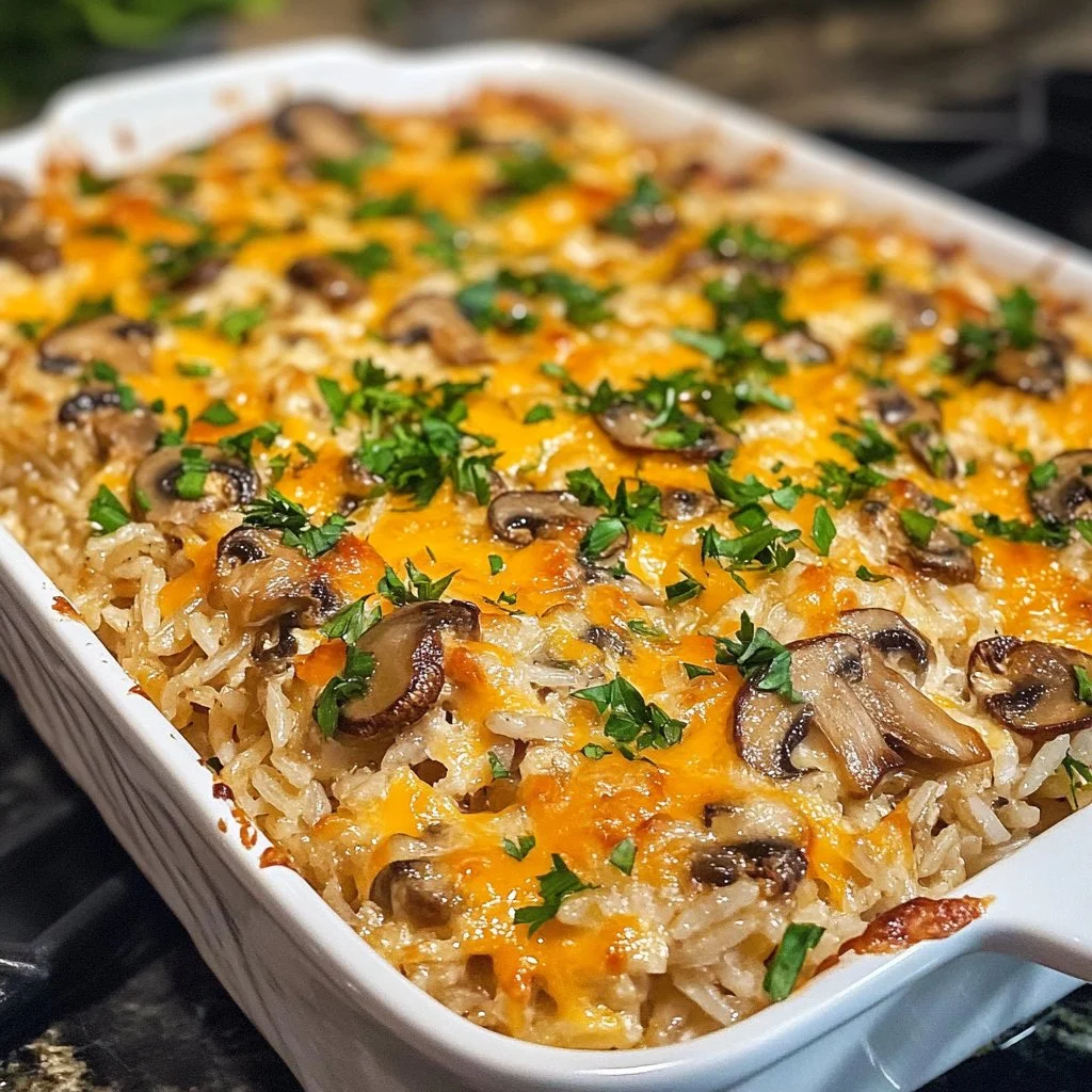 Cheesy Mushroom Rice Bake with creamy texture and savory flavor