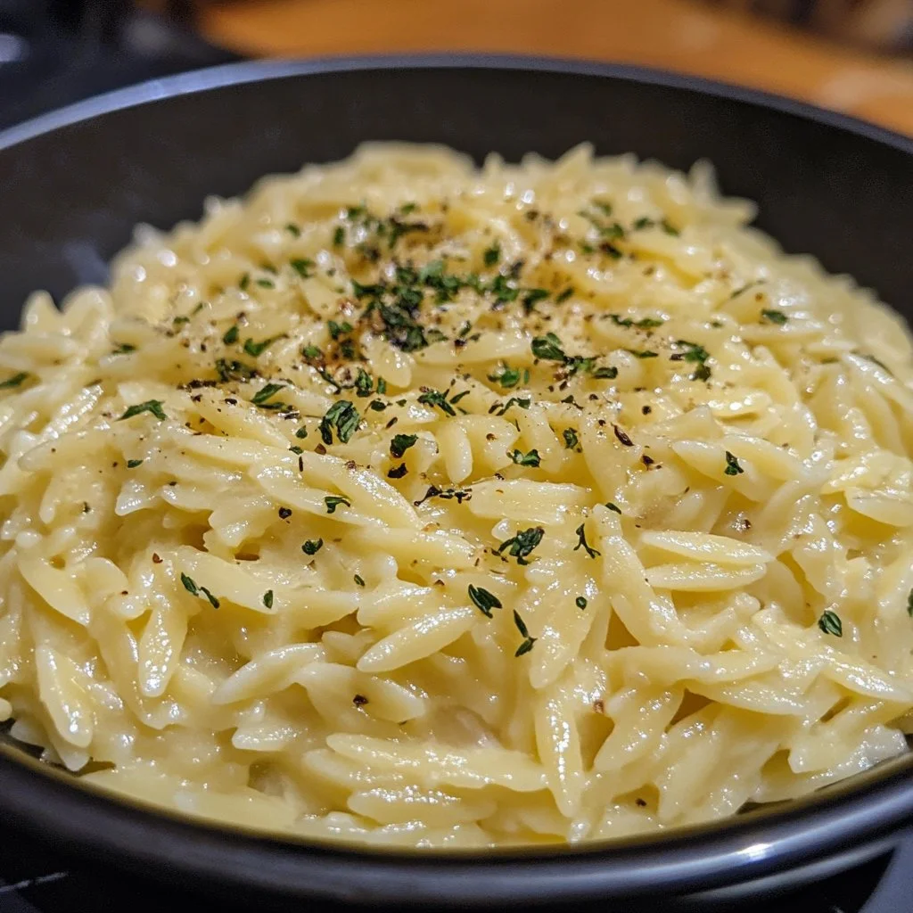 Delicious cheesy orzo pasta served in a bowl with garnish.