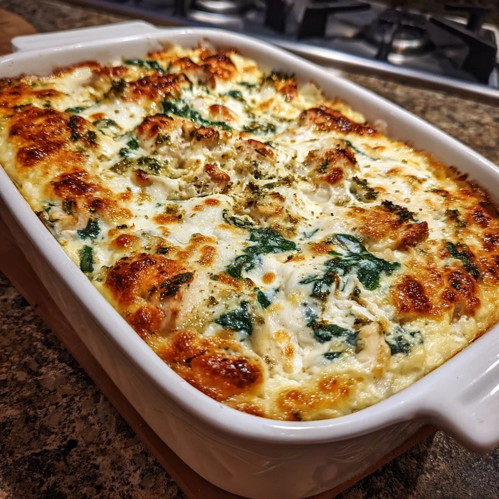 Delicious Chicken and Spinach Casserole with Cream Cheese served in a baking dish.