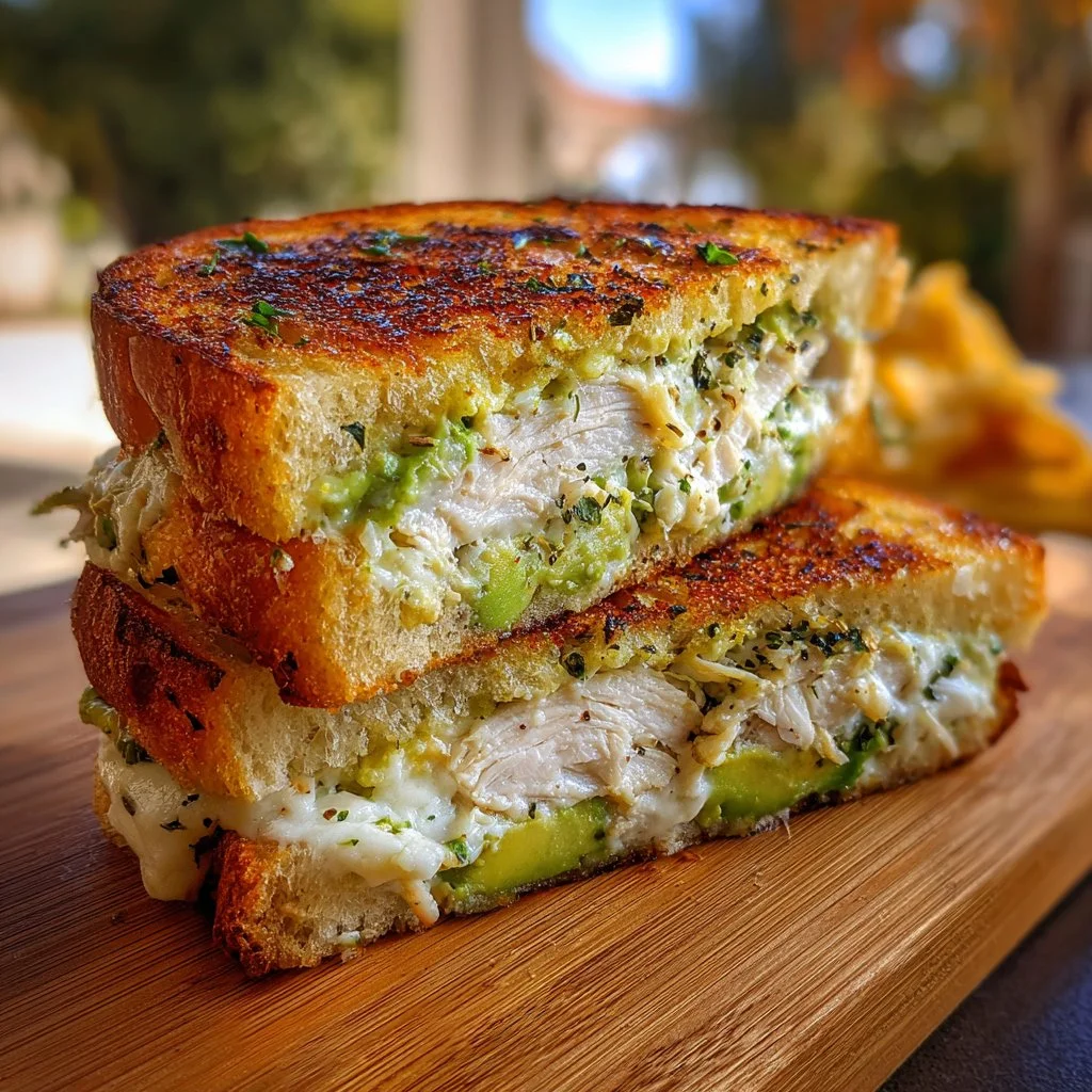 Delicious Chicken Avocado Melt Sandwich with chicken, avocado, and cheese