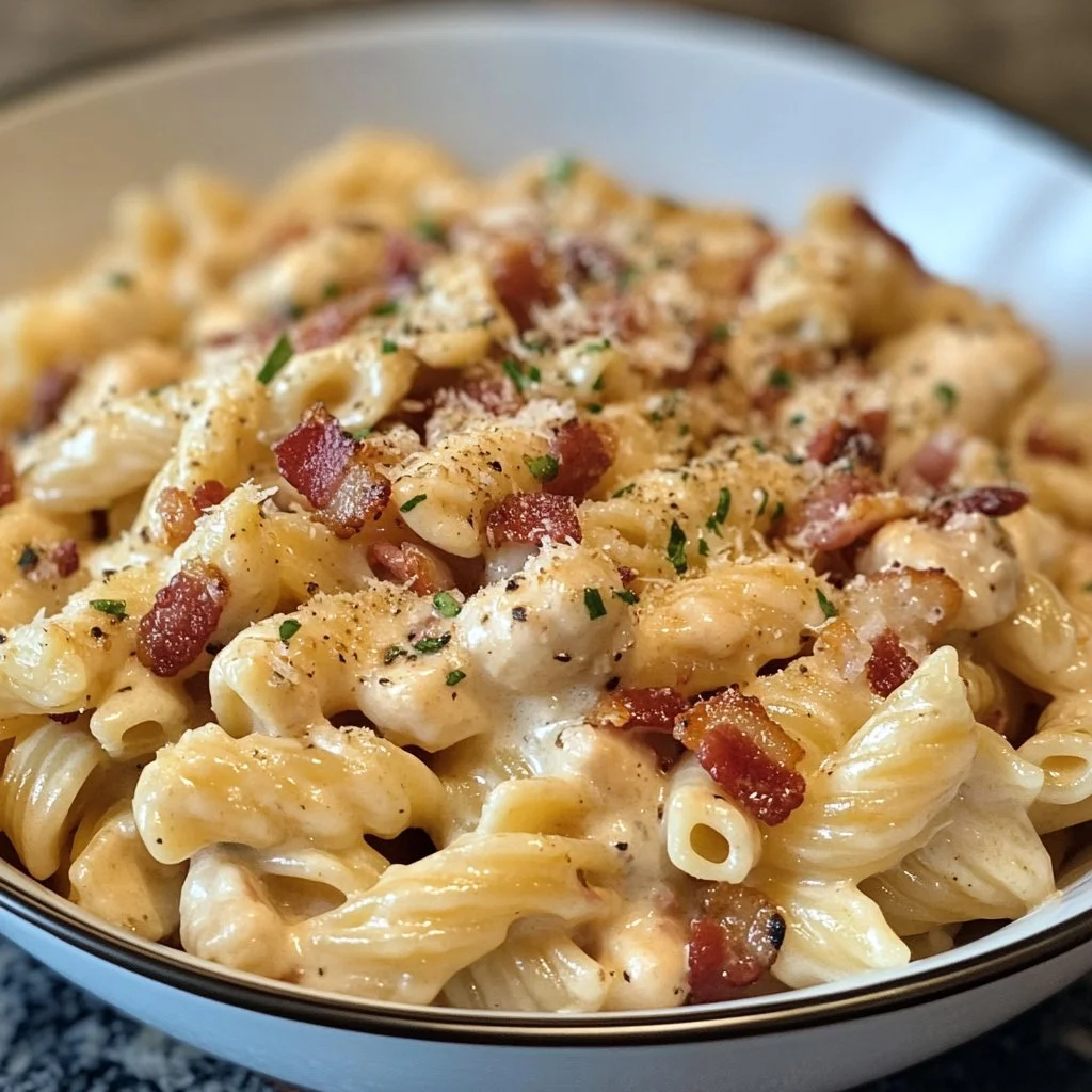 Creamy Chicken Bacon Ranch Pasta with crispy bacon and herbs