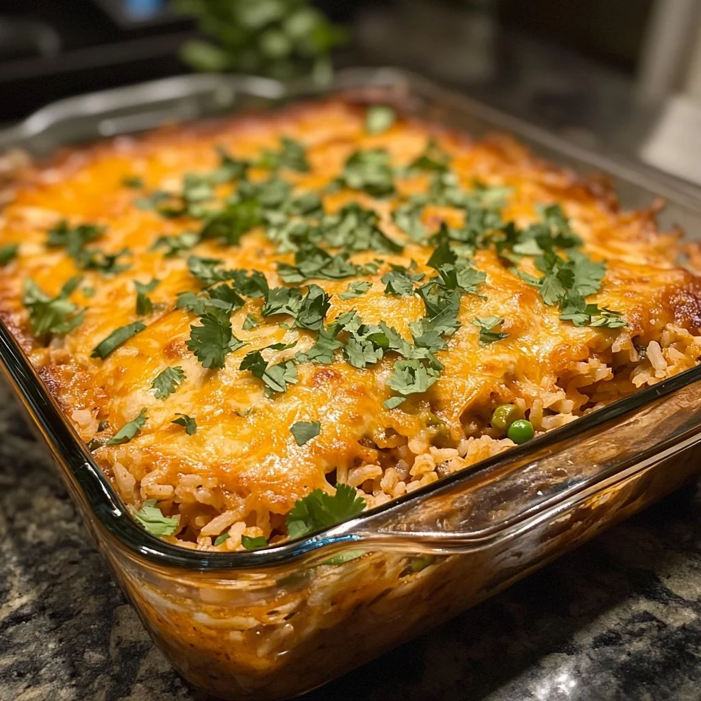Delicious Chicken Enchilada Rice Casserole topped with cheese and fresh herbs