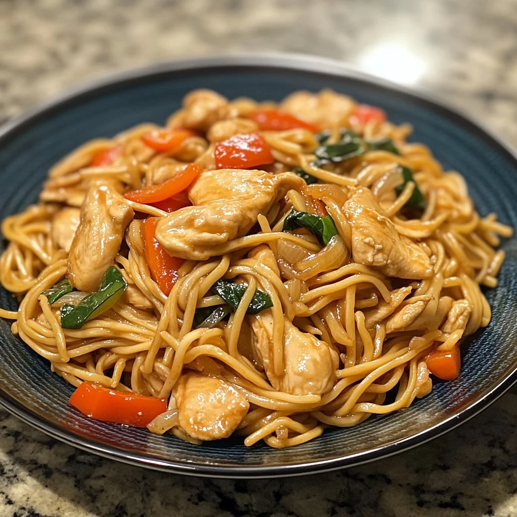 Plate of Chicken Lo Mein with colorful vegetables and noodles