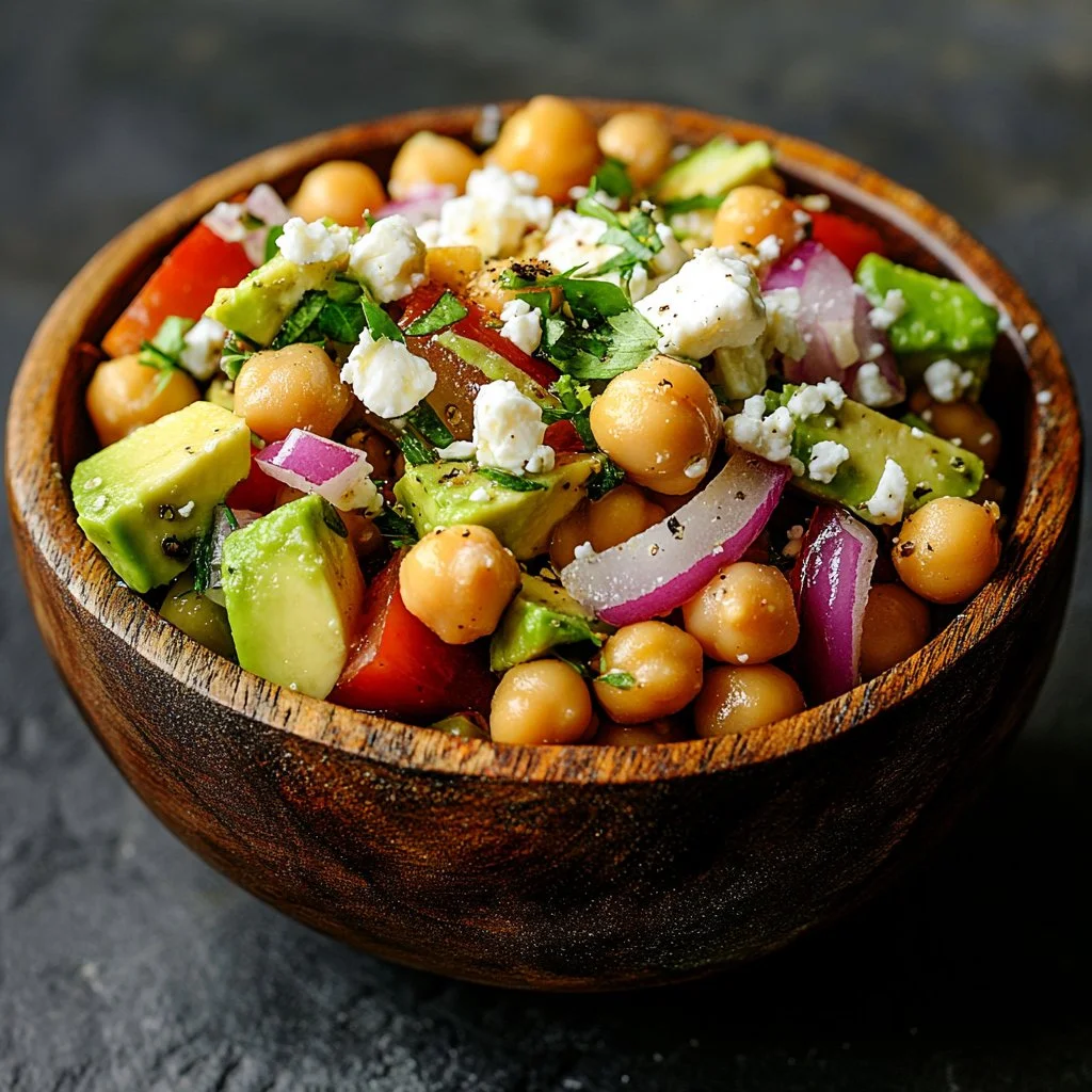 Chickpea Feta Avocado Salad with fresh ingredients in a bowl