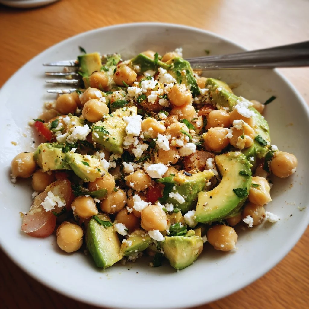 Chickpea Feta Avocado Salad with fresh vegetables and dressing