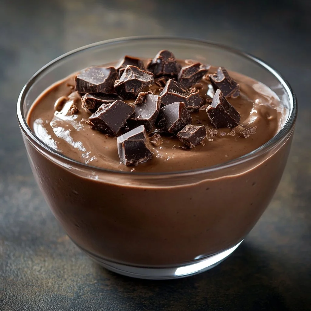 Delicious chocolate protein pudding in a bowl topped with berries