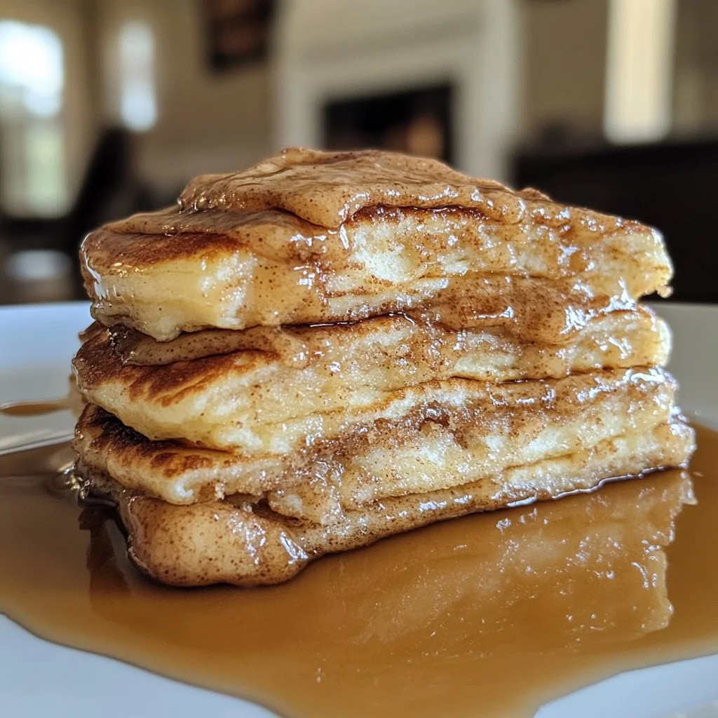 Delicious cinnamon roll pancakes drizzled with icing on a plate