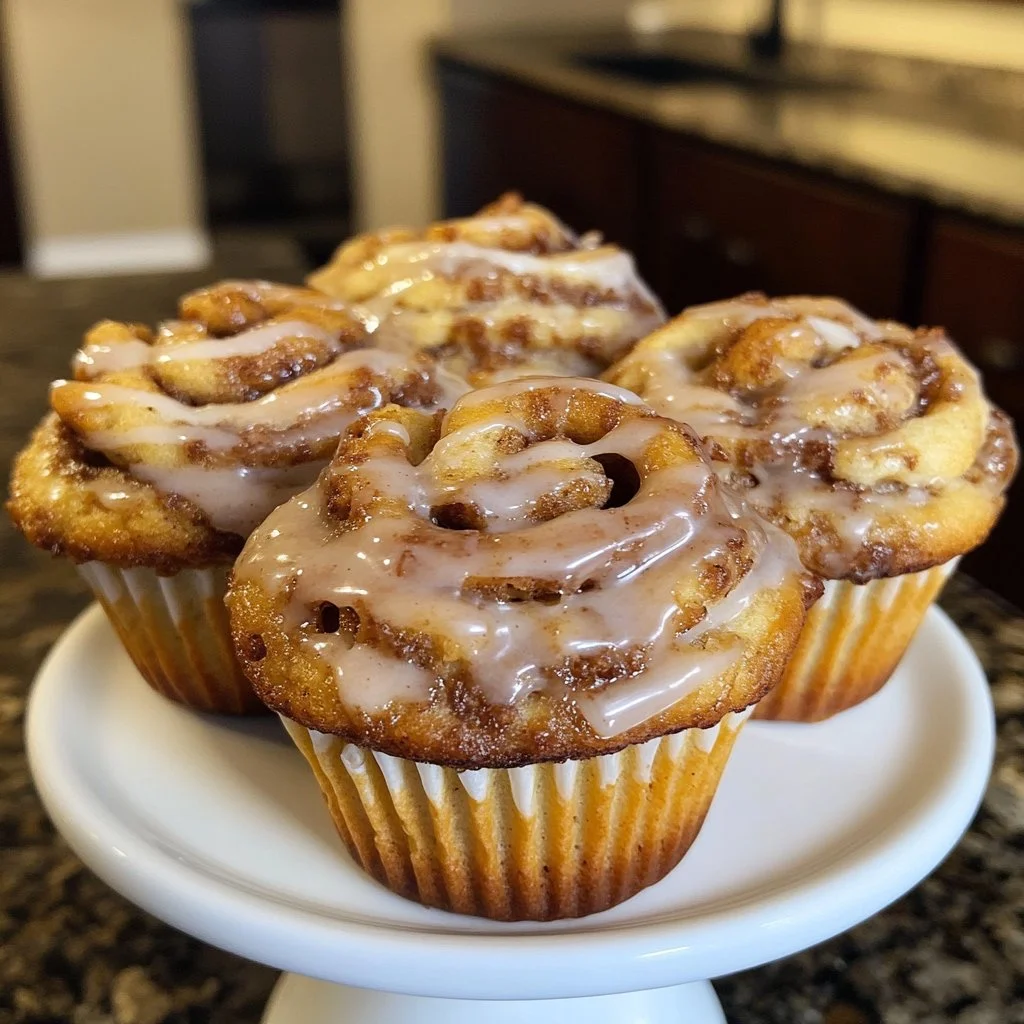 Cinnamon roll protein muffins on a wooden table with cinnamon sticks and icing