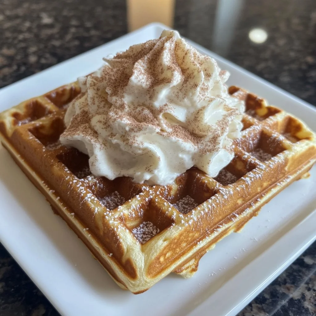 Delicious cinnamon waffles served with cinnamon whipped cream topping