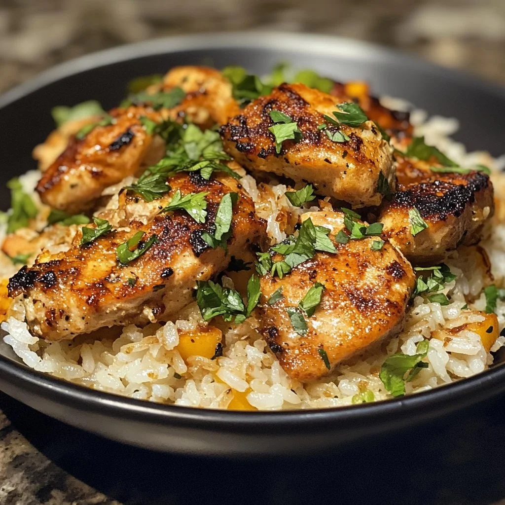 Delicious Coconut Chicken served with fluffy rice on a plate