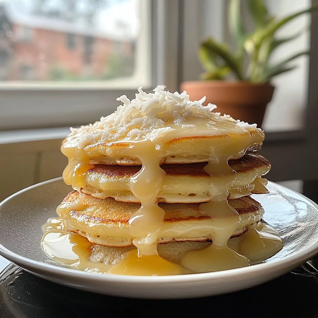 Delicious coconut cream pancakes stacked with syrup and coconut flakes