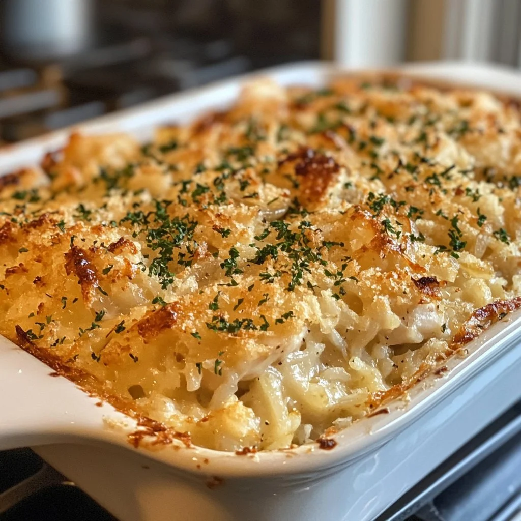 Comforting French Onion Chicken Rice Bake with melted cheese and herbs