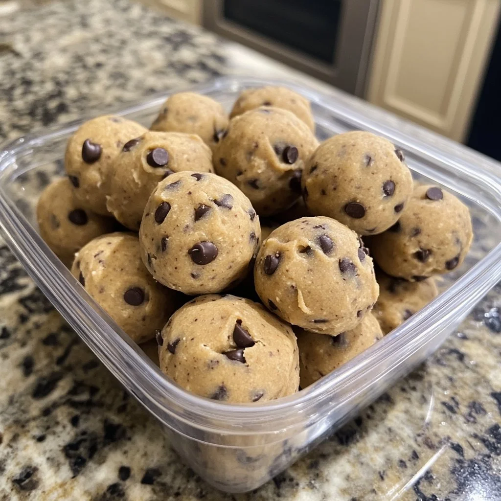 Homemade cookie dough protein balls with chocolate chips on a wooden table