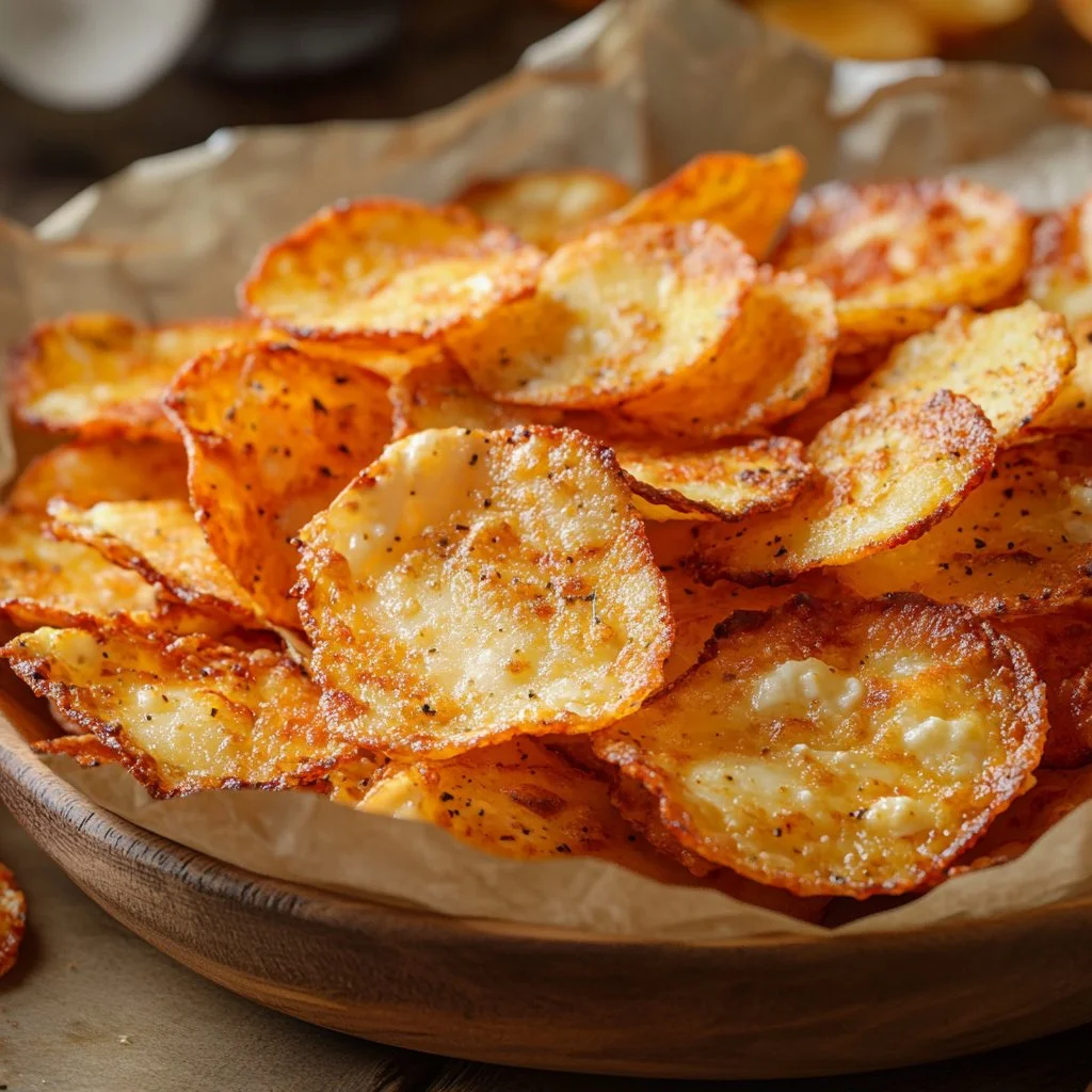Bowl of homemade cottage cheese chips ready to serve with dip.
