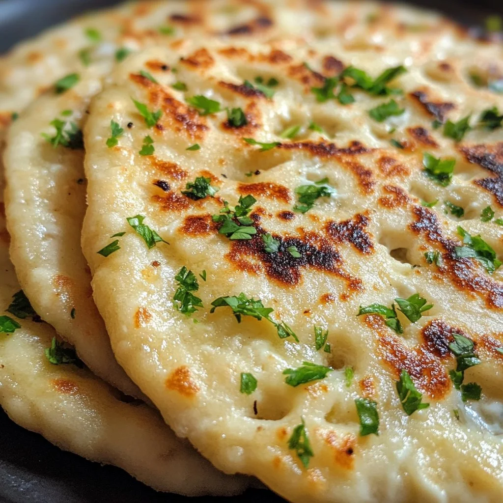 Homemade cottage cheese flatbread on a wooden board with toppings.