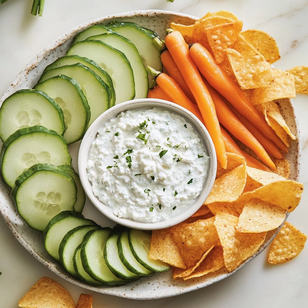 Creamy Cottage Cheese Ranch Dip served with fresh vegetables and chips