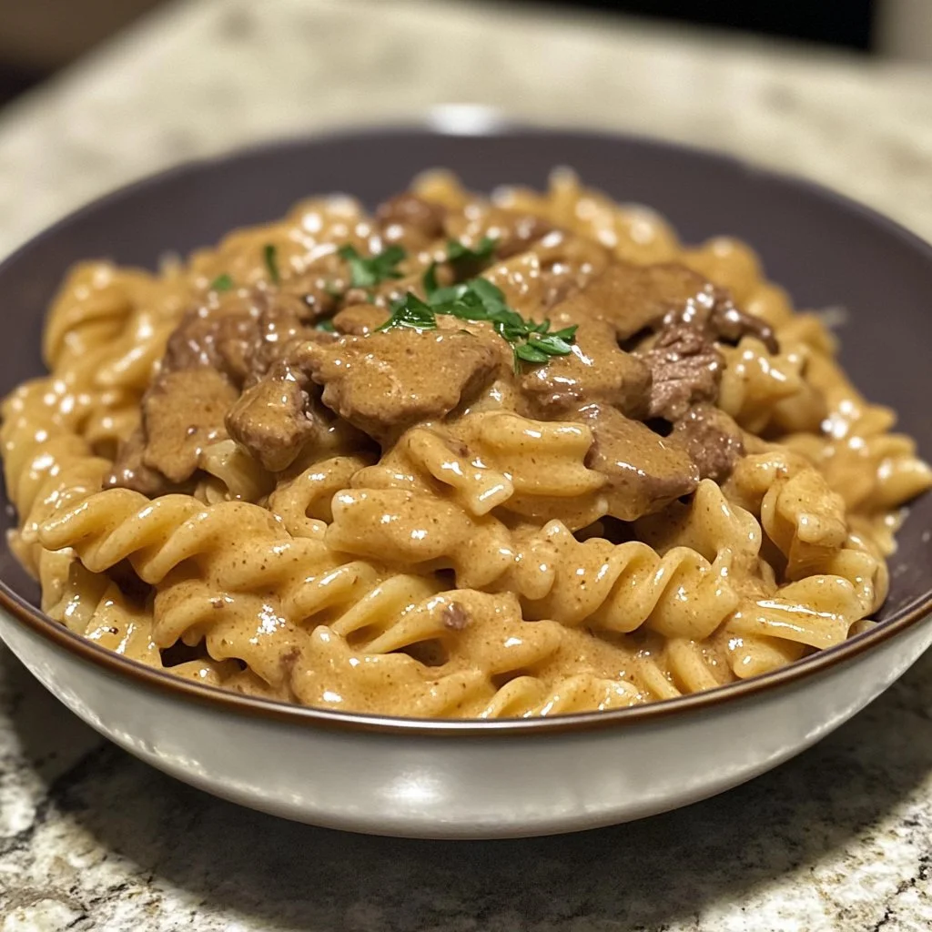Creamy beef pasta dish served in a bowl with herbs and cheese garnish