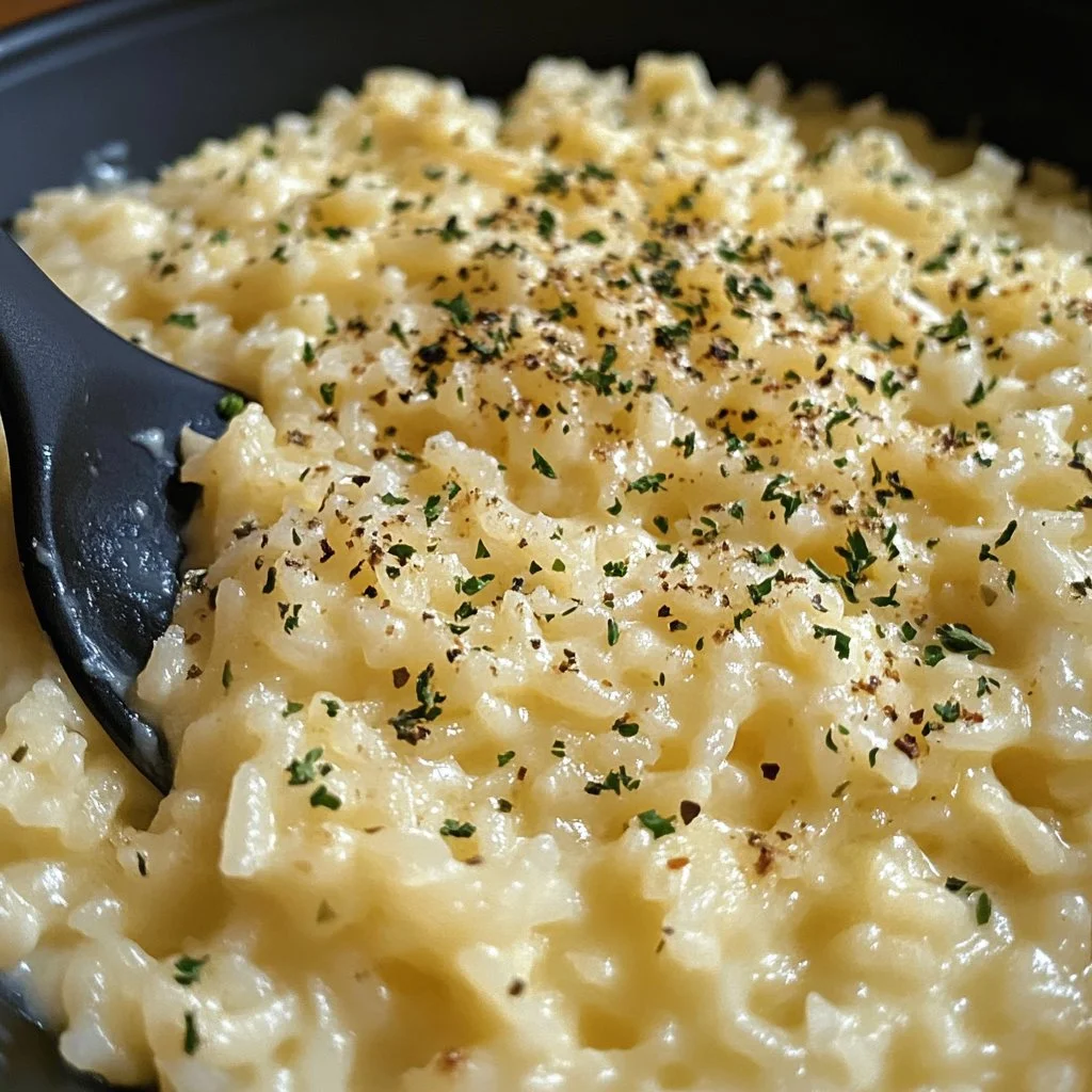 Bowl of creamy cheesy rice garnished with herbs.