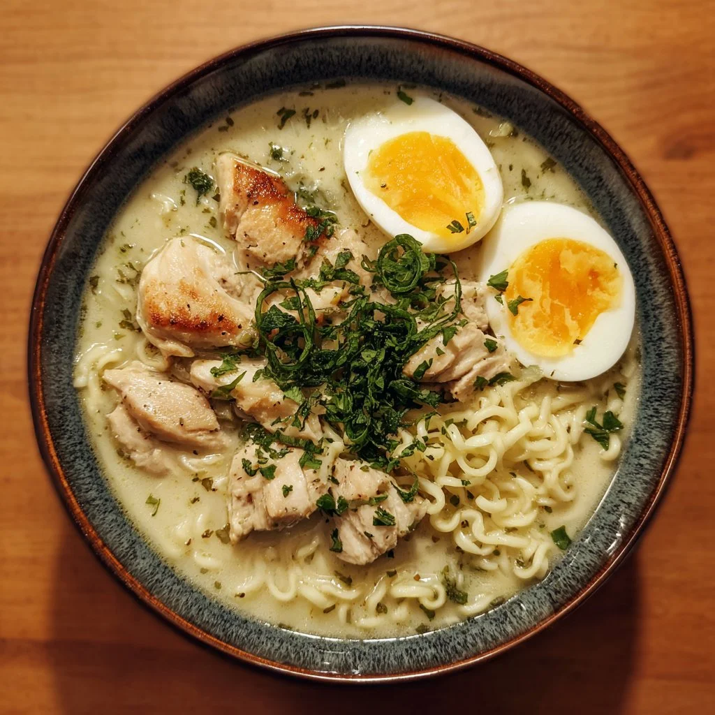 Creamy garlic chicken ramen served in a bowl with garnishes