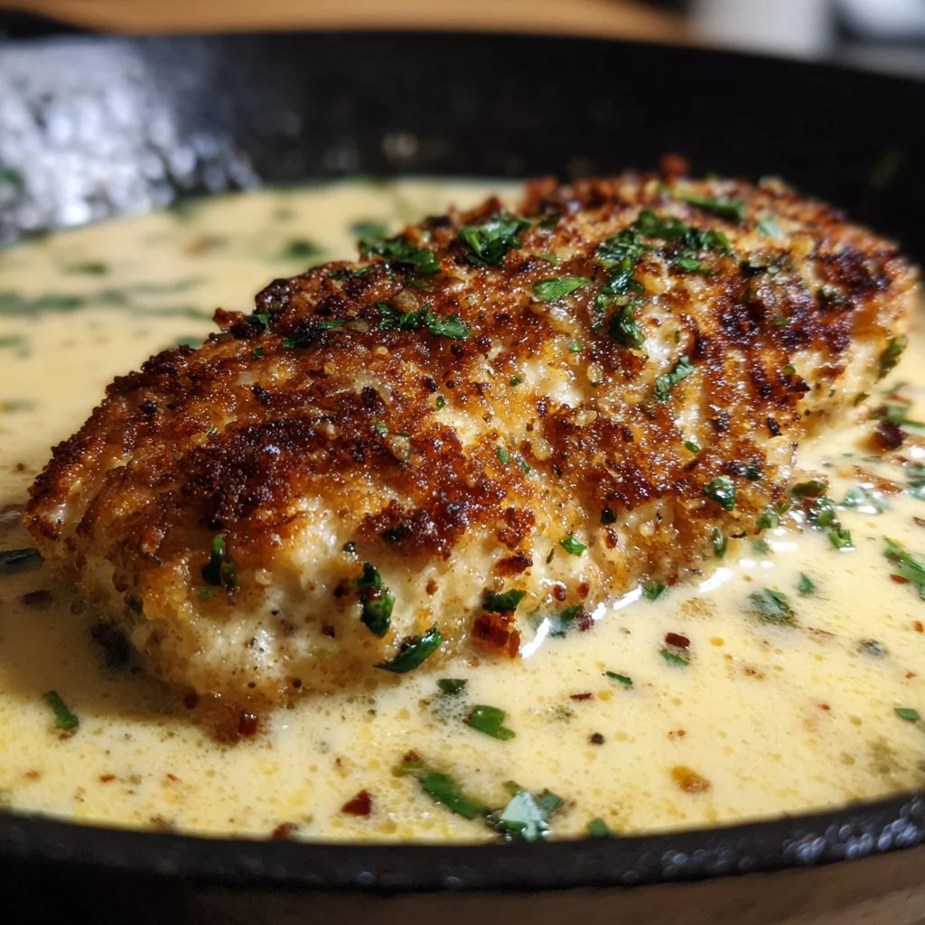 Creamy Garlic Parmesan Chicken Breast garnished with herbs on a plate