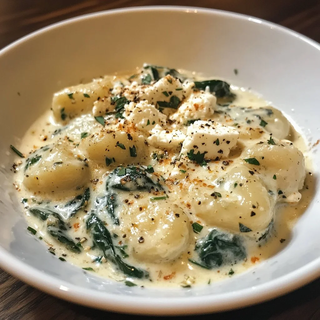 Creamy gnocchi with spinach and feta served on a plate
