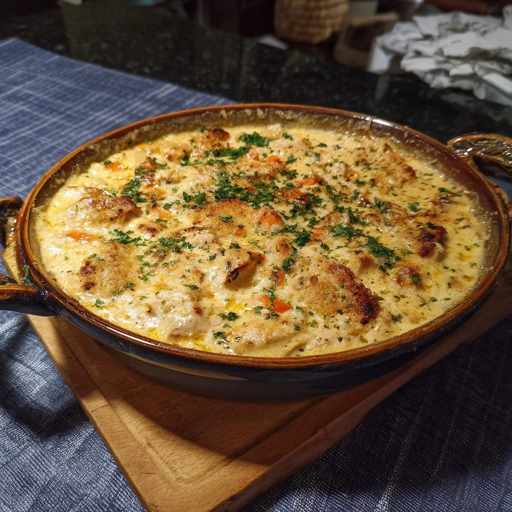 Creamy low carb chicken casserole dish with vegetables in a serving bowl