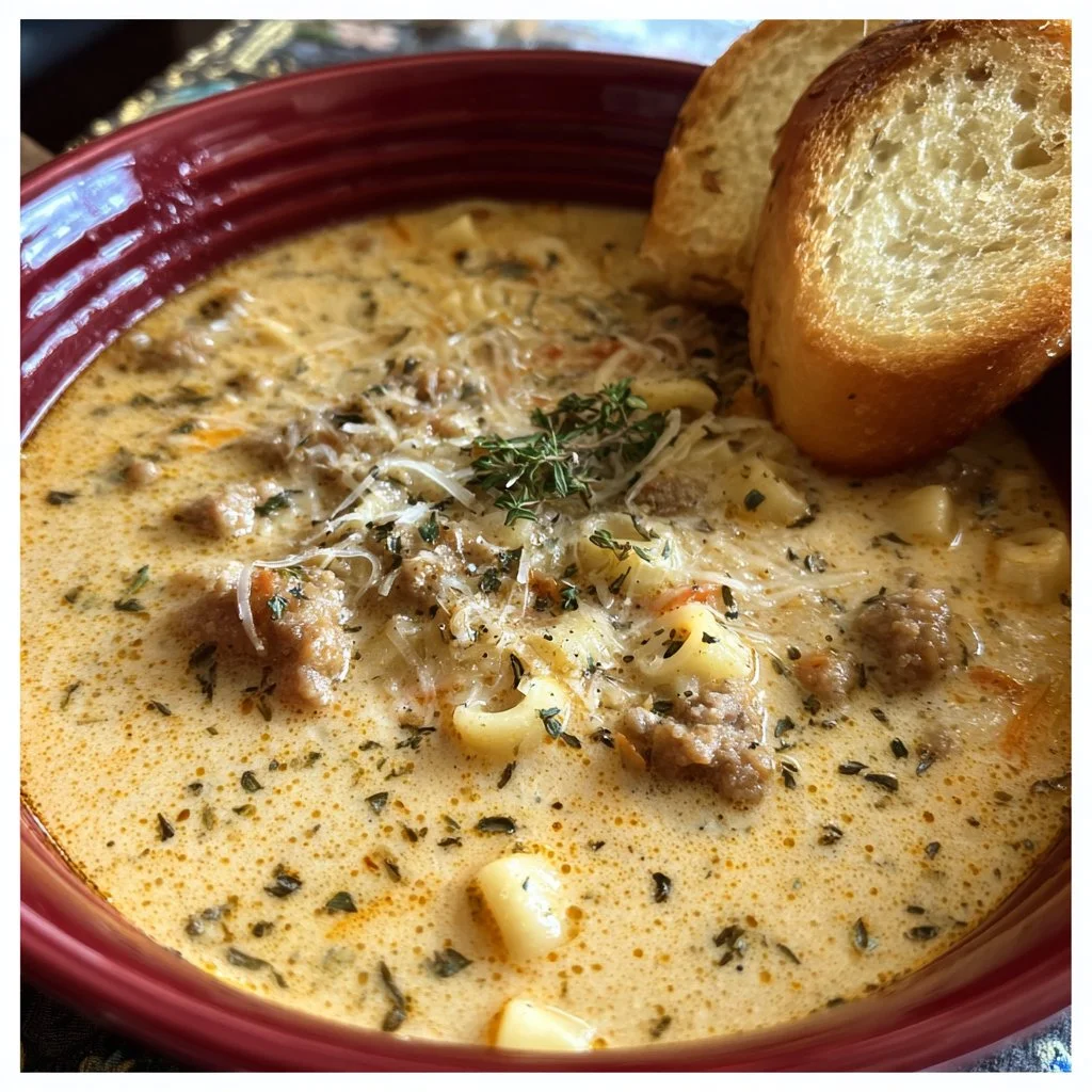 Creamy Parmesan Italian sausage ditalini soup garnished with herbs in a bowl