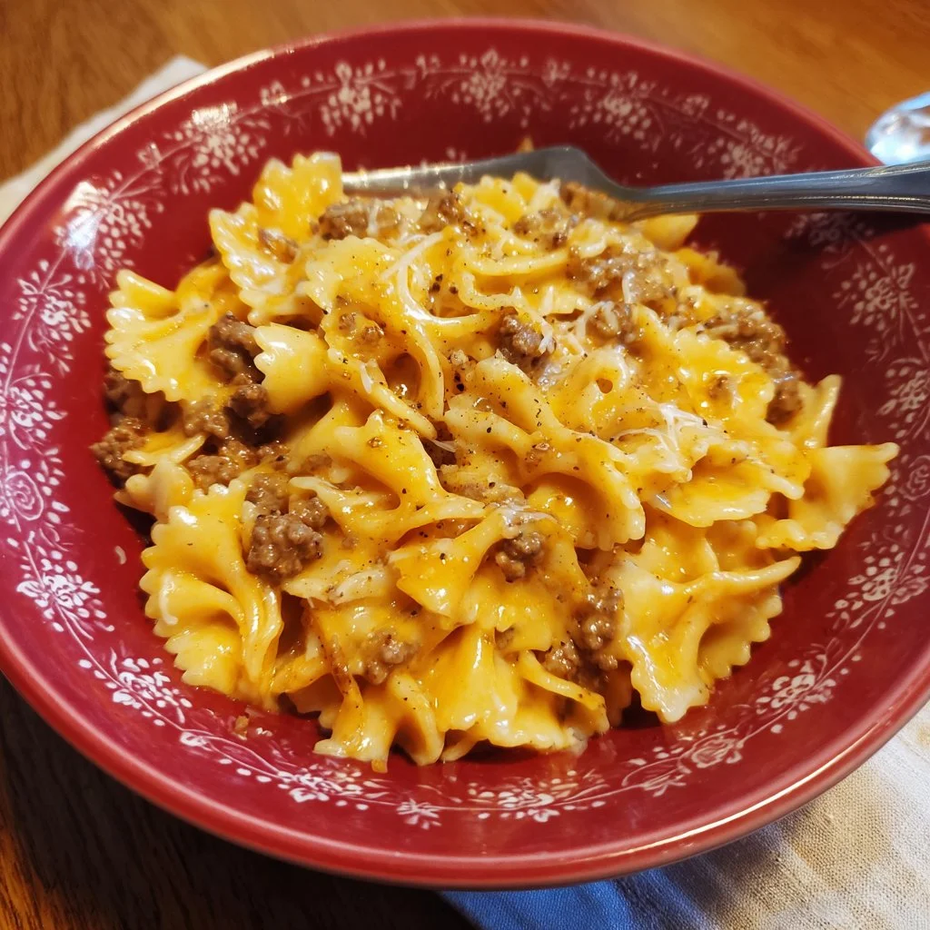 Creamy Rotel pasta with ground beef served in a bowl