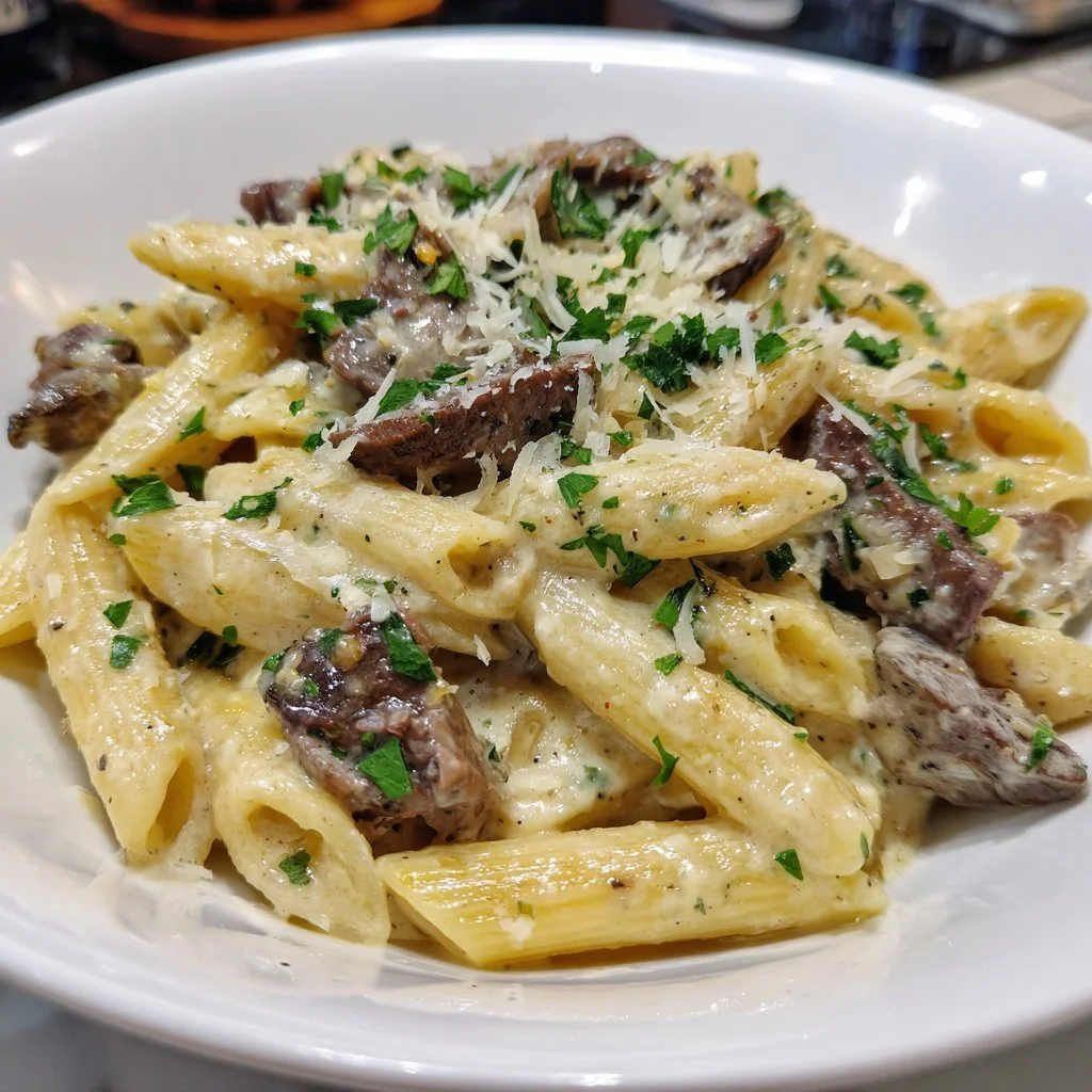 Delicious creamy steak pasta dish with garlic sauce
