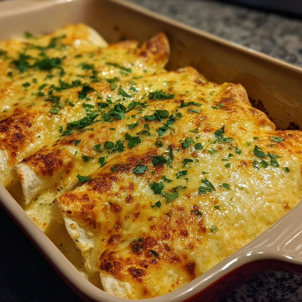 Delicious creamy white chicken enchiladas topped with cheese and cilantro
