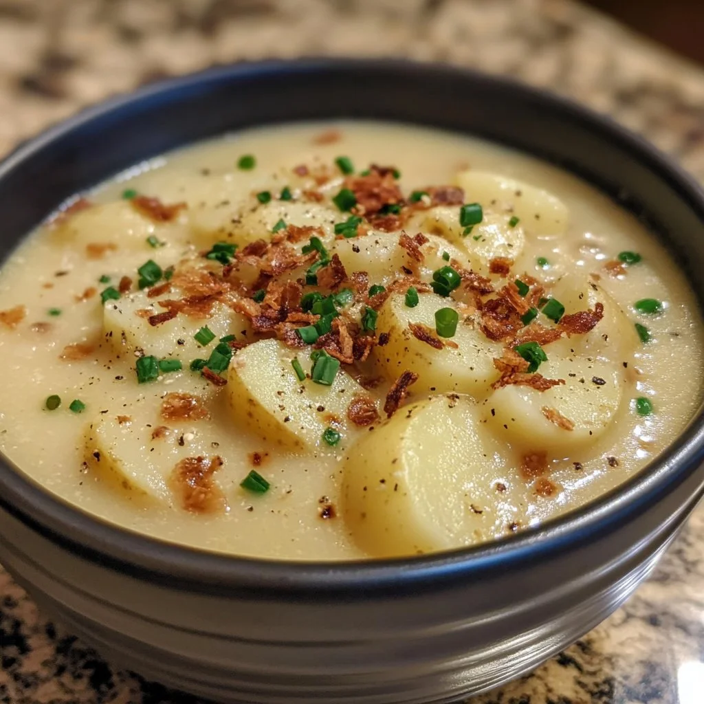 Crock Pot Crack Potato Soup garnished with green onions and bacon bits