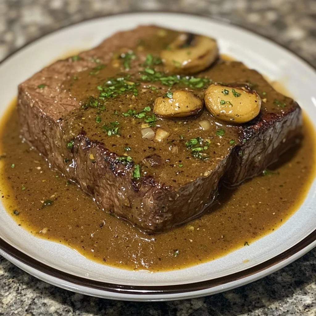 Delicious crockpot cube steak served with vegetables on a plate.
