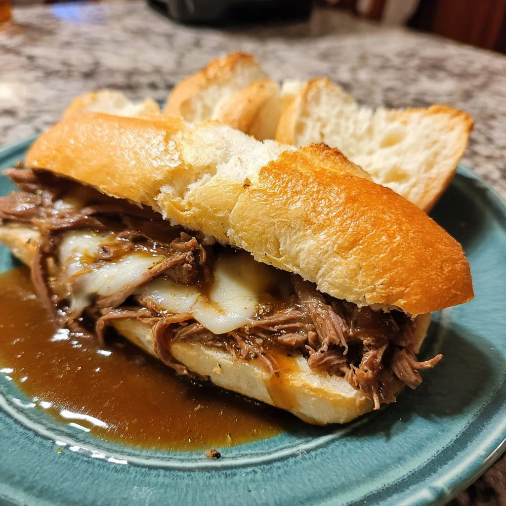Delicious Crockpot French Dip Sandwiches served on a plate with au jus.