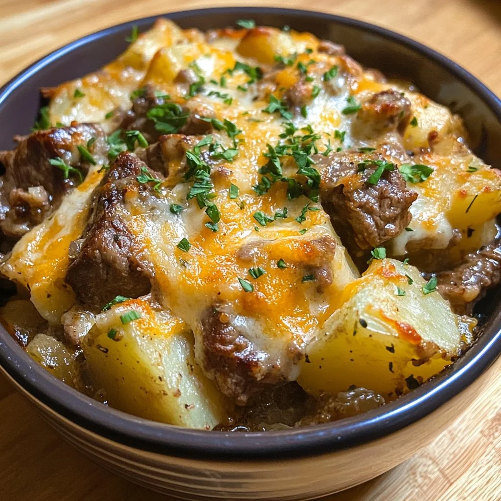 Crockpot Loaded Steak and Potato Bake served in a bowl with fresh herbs