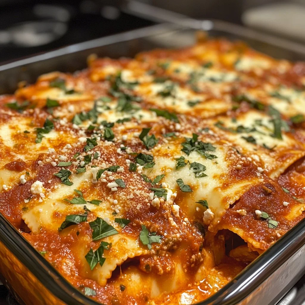 Crockpot Ravioli Lasagna topped with melty cheese and garnished with herbs