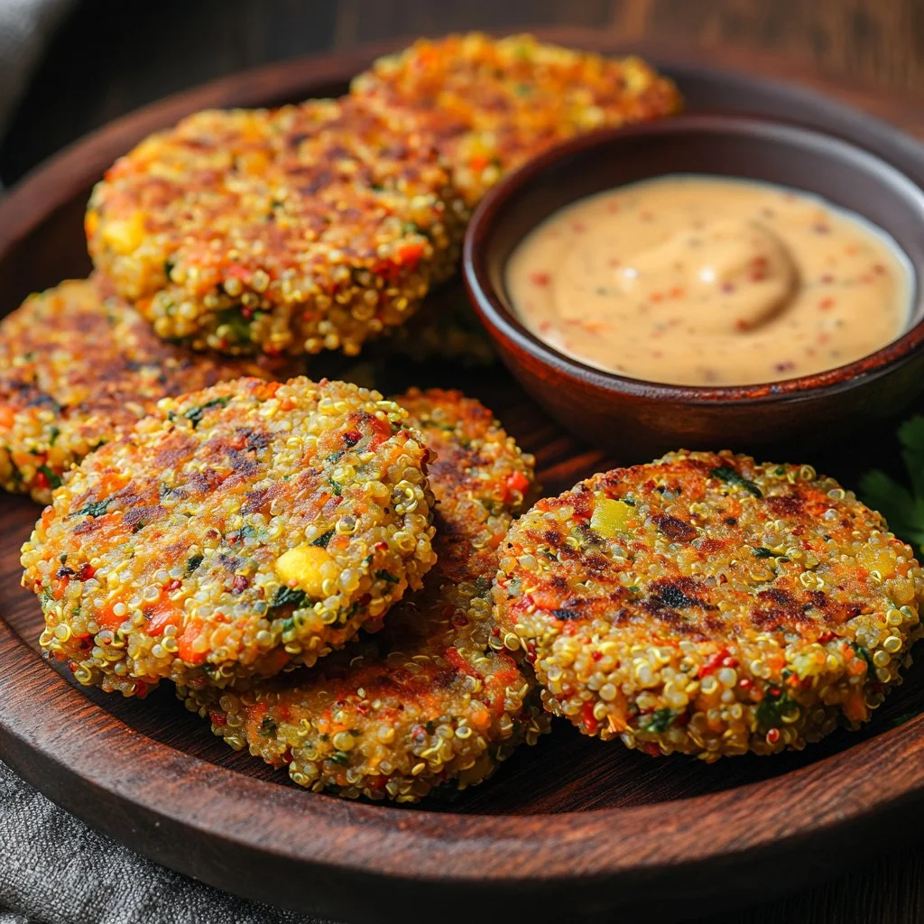 Crunchy quinoa veggie patties served with fresh salad