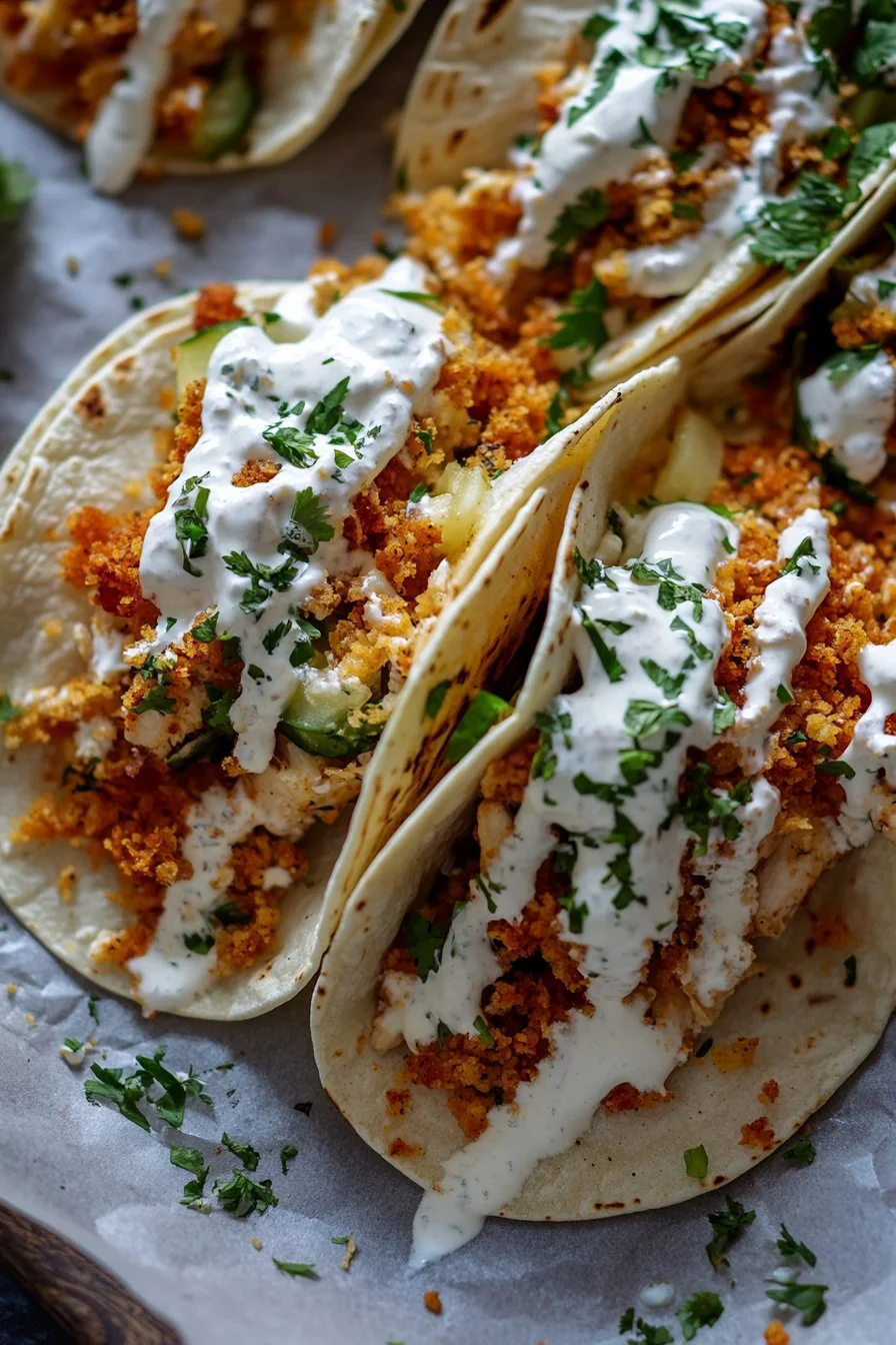 Dill Pickle Ranch Smash Chicken Tacos with Crispy Cheese Delight