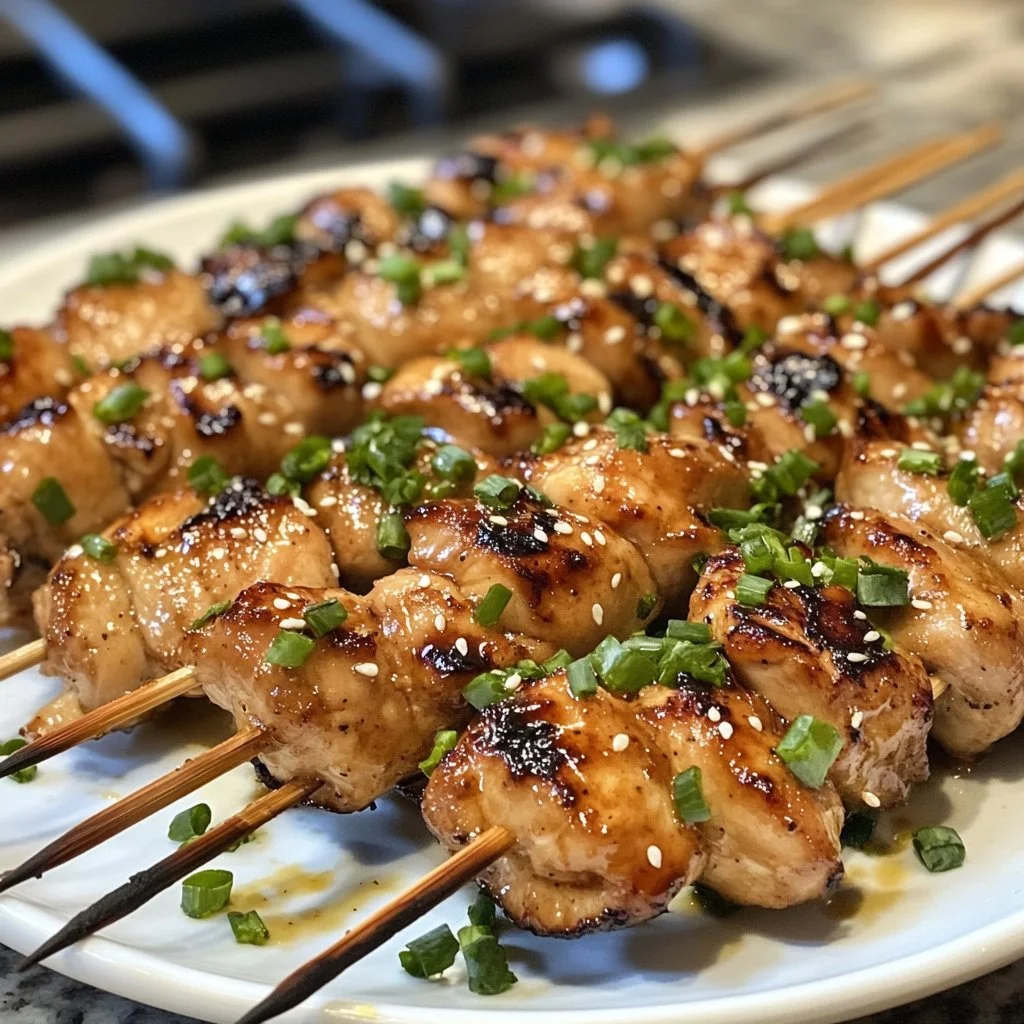 Delicious easy grilled chicken skewers drizzled with honey garlic sauce.