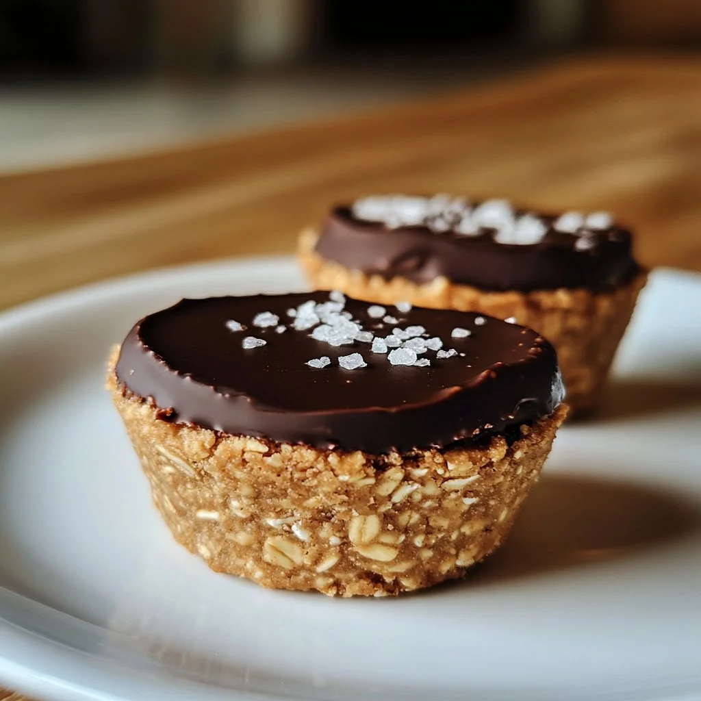 Easy no bake peanut butter oat cups topped with chocolate and nuts.